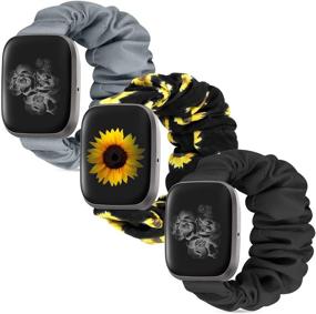 img 4 attached to Резиновые браслеты-талии Scrunchie для Fitbit Versa 2 для женщин - банды для замены наручных браслетов для Fitbit Versa, Versa 2, Versa Lite Edition (R черный серый подсолнух S)