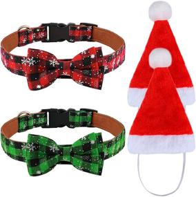 img 4 attached to ELCOHO Christmas Snowflake Dog Collars - 2 Pack, Adjustable Collars with Bow Tie, Classic Plaid Design, and 2 Pack of Pet Christmas Hats - Costume Accessories for Cats, Dogs, and Other Pets