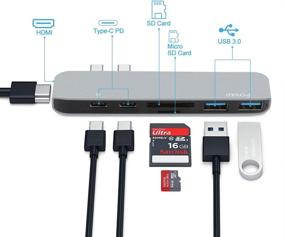 img 3 attached to 💻POVAD Type-C концентратор USB-портов для MacBook Pro 2018/2017/2016 - 7 в 1, передача питания мощностью 100 Вт, передача данных 5 Гбит/с, 4K HDMI, картридер SD, два порта USB 3.0 - серый.