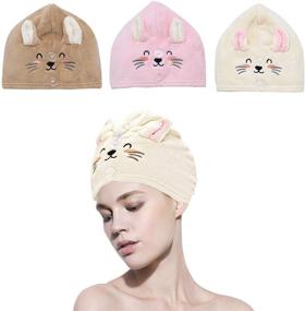 img 4 attached to 🐱 3 Pack Kitty Microfiber Hair Towel Wrap - Super Absorbent, Anti Frizz Hair Drying Turban with 2 Buttons - Quick Drying Twist Hair Towel for Woman & Girl, Ideal for Drying Curly, Long & Thick Hair