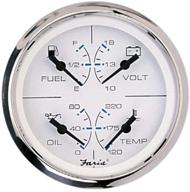 faria 33851 chesapeake stainless steel multifunction gauge - fuel level/oil psi (80 psi)/water temp (100-250°f)/voltmeter (10-16 vdc) - 4-inch, white logo