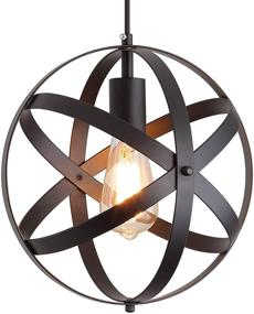 img 4 attached to 🏡 Q&amp;S Farmhouse Rustic Pendant Light: Vintage Black Spherical Chandelier for Industrial Style Ceiling Décor – 1-Light LED Bulb Included for Dining, Kitchen, Entryway & Foyer