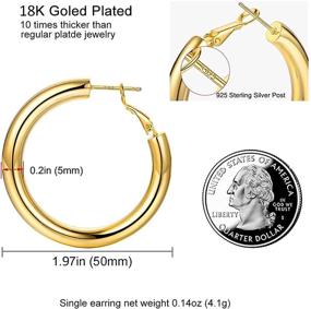 img 3 attached to 💫 18K Gold Hoop Earrings for Women Girls - Large Lightweight Chunky Hoops with Sterling Silver Post - Gold Huggie Earrings