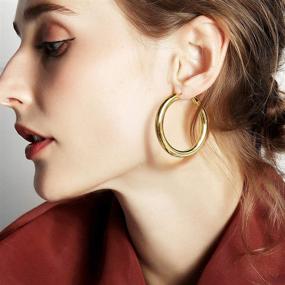 img 1 attached to 💫 18K Gold Hoop Earrings for Women Girls - Large Lightweight Chunky Hoops with Sterling Silver Post - Gold Huggie Earrings