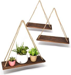 img 4 attached to 🌿 Boho Wall Hanging Shelf - Rustic Triangle Floating Wood Shelves for Wall Décor - Farmhouse Rope Shelving for Bedroom, Living Room, and Bathroom - Hanging Plant Shelf