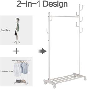 img 2 attached to 👕 SINGAYE 2-in-1 Clothes Rack: Rolling Garment Rack with Shelves, Hooks, Lockable Wheels, Closet Organizer (White)