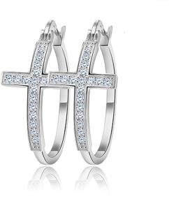 img 2 attached to 👑 uPrimor Elegant Hoop Platinum Plated Earrings: AAA Austrian Cubic Zirconia Paved, Cross Earrings Variants