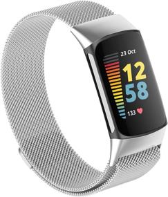 img 4 attached to 🔗 Совместимые магнитные сетчатые петли Fitbit Charge 5 - Регулируемые наручные ремешки из нержавеющей стали для женщин и мужчин - Серебро, маленький размер