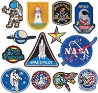 muscccm space planet astronaut nasa iron on patches - set of 13 | embroidered appliques for diy jeans, jackets, kid's clothing, bags, caps, canvas shoes, arts, crafts, sewing logo