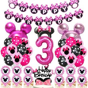 img 4 attached to 50pcs Minnie Mouse Birthday Decorations - Minnie 3rd Year Girl Birthday Party Supplies with Minnie Balloons, Cake Topper, and Cupcake Topper