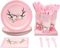 🦌 oh deer party supplies: floral plates, napkins, cups & cutlery for girl baby shower (24 guests, 144 pieces) logo