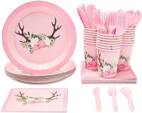 img 4 attached to 🦌 Oh Deer Party Supplies: Floral Plates, Napkins, Cups & Cutlery for Girl Baby Shower (24 Guests, 144 Pieces)