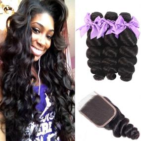 img 4 attached to Brazilian Virgin Hair Loose Wave Bundles with Closure - Unprocessed Human Hair Weave 8A, 14 16 18+12