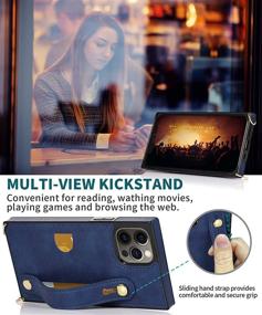 img 1 attached to 📱 iPhone 12 Pro Max Wallet Case with Hand Strap - Detachable Adjustable Crossbody Strap - Slim Leather Case with Kickstand, Card Holder - HOGGU Square Corner Case Protective Cover in Navy Blue