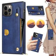 📱 iphone 12 pro max wallet case with hand strap - detachable adjustable crossbody strap - slim leather case with kickstand, card holder - hoggu square corner case protective cover in navy blue logo