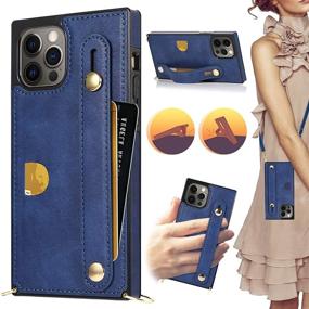 img 4 attached to 📱 iPhone 12 Pro Max Wallet Case with Hand Strap - Detachable Adjustable Crossbody Strap - Slim Leather Case with Kickstand, Card Holder - HOGGU Square Corner Case Protective Cover in Navy Blue