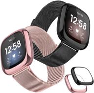 📟 металлические браслеты tobfit для fitbit versa 3/sense с 2 чехлами из tpu для защиты экрана - регулируемые магнитные браслеты в черном и розовом золоте (маленькие) [2 шт.] логотип