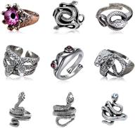 🐍 kuseron 9pcs vintage punk rings - stainless steel snake, frog, devil dragon eye ring - gothic open adjustable ring set jewelry (purple) logo