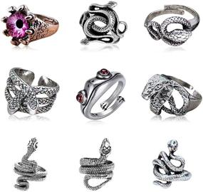 img 4 attached to 🐍 KUSERON 9PCS Vintage Punk Rings - Stainless Steel Snake, Frog, Devil Dragon Eye Ring - Gothic Open Adjustable Ring Set Jewelry (Purple)