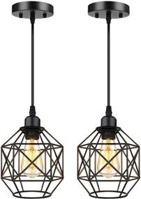 img 3 attached to Retro Vintage Farmhouse Pendant Lights - Industrial Light Fixtures for Kitchen, Living Room, and Dining Room - 2-Pack Black Metal Cage Hanging Lights with E26 Base