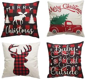 img 4 attached to PSDWETS Set of 4 Christmas Pillow Covers - Winter Deer Cotton Linen Christmas Decor Throw Pillow Cushion Cover 18 X 18