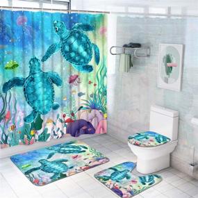 img 3 attached to 🐢 Alishomtll 4-Piece Sea Turtle Shower Curtain Set with Non-Slip Rug, Toilet Lid Cover, Bath Mat, and 12 Hooks - Ocean Creature Landscape Waterproof Shower Curtain Sets for Bathroom