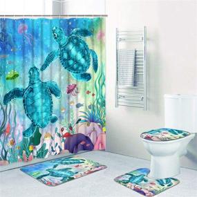 img 4 attached to 🐢 Alishomtll 4-Piece Sea Turtle Shower Curtain Set with Non-Slip Rug, Toilet Lid Cover, Bath Mat, and 12 Hooks - Ocean Creature Landscape Waterproof Shower Curtain Sets for Bathroom