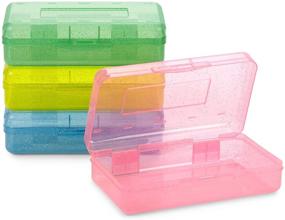 img 4 attached to 🎨 Blue Summit Supplies Colorful Glitter Plastic Pencil Boxes: Translucent, Hinged Lid Organizers for School Supplies - 4 Pack