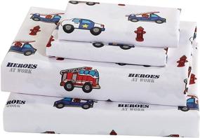 img 2 attached to Fancy Linen 4pc Full Sheet Set: Police Car, Fire Truck, Ambulance Heroes - Blue, Red, Green - New Arrival!