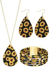 img 4 attached to 🌻 Hicarer Sunflower Print Jewelry Set: Multi-Layer Bracelets, Dangle Earrings, and Necklace in Faux Leather for Women