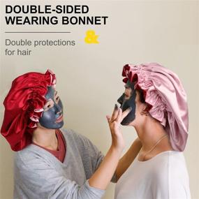 img 1 attached to 🎀 Double Layer Silk Satin Bonnet - BIGEDDIE Hair Bonnets for Women, Adjustable Wide Band, Large Sleep Cap Braid Bonnet for Curly Hair (Burgandy+Pink)