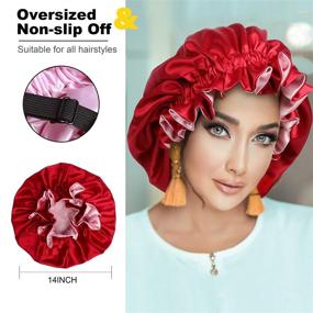 img 3 attached to 🎀 Double Layer Silk Satin Bonnet - BIGEDDIE Hair Bonnets for Women, Adjustable Wide Band, Large Sleep Cap Braid Bonnet for Curly Hair (Burgandy+Pink)