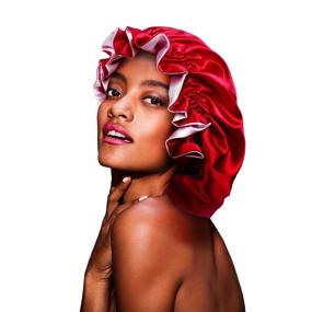 img 4 attached to 🎀 Double Layer Silk Satin Bonnet - BIGEDDIE Hair Bonnets for Women, Adjustable Wide Band, Large Sleep Cap Braid Bonnet for Curly Hair (Burgandy+Pink)