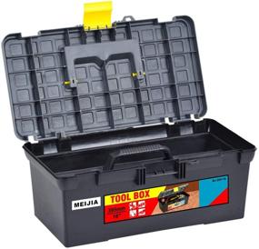 img 3 attached to MEIJIA Портативный ящик для хранения инструментов с складными замками, съемным поддоном - классический черный/желтый, 15,55x8,78x6,49 дюйма.