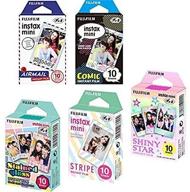 📸 fujifilm instax mini 5 pack bundle: stained glass, comic, stripe, shiny star, airmail - 50 sheets logo