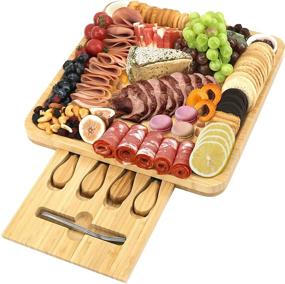 img 3 attached to 🧀 Bamboo Cheese Board and Knife Set with Magnetic Slide-Out Drawer, Ceramic Bowls - Perfect Charcuterie Board