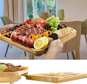 img 1 attached to 🧀 Bamboo Cheese Board and Knife Set with Magnetic Slide-Out Drawer, Ceramic Bowls - Perfect Charcuterie Board