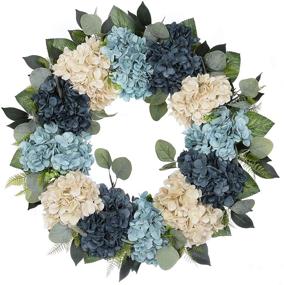 img 4 attached to 🌺 22-Inch Winter Wreath with Blue and White Hydrangeas, Grapevine, Handmade Rustic Wreath for Year-Round, Spring or Summer, Front Door, Festival Decor