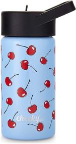 img 1 attached to 🍒 Cheeky Kids 14oz Insulated Stainless Steel Water Bottle - Light Blue Cherry Print with Straw Lid