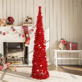 img 3 attached to 🎄 5FT Pre-Lit Collapsible Artificial Christmas Tree - Red Tinsel Pop Up Xmas Decoration for Indoor/Outdoor Holiday Carnival Party