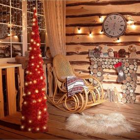 img 1 attached to 🎄 5FT Pre-Lit Collapsible Artificial Christmas Tree - Red Tinsel Pop Up Xmas Decoration for Indoor/Outdoor Holiday Carnival Party