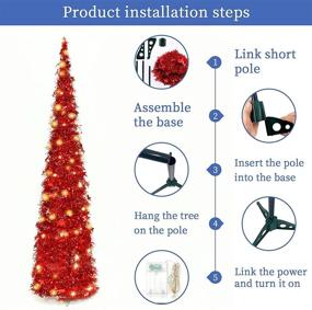 img 2 attached to 🎄 5FT Pre-Lit Collapsible Artificial Christmas Tree - Red Tinsel Pop Up Xmas Decoration for Indoor/Outdoor Holiday Carnival Party