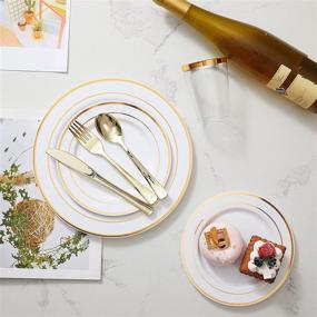 img 1 attached to 🍽️ N9R 150PCS Gold Plastic Plates with Plastic Cutlery Set and Cups, Disposable Silverware - Includes 25 Dinner Plates, 25 Dessert Plates, 25 Forks, 25 Knives, 25 Spoons, and 25 Cups for Party, Wedding, and Events