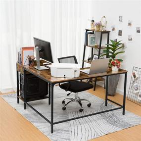 img 2 attached to 🖥️ HOOBRO L-Shaped Computer Desk with Drawer and Shelf - Large Industrial Corner Desk for Home Office, Study PC Workstation - Holds 2 Monitors - Game Table - Sturdy & Stable - Rustic Brown BF135DN01