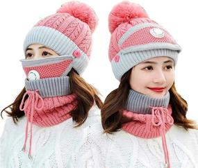 img 4 attached to 🎩 Women's Pom Pom Beanie Hat with Scarf and Mask Cover Set, Girls Warm Knitted Winter Beanie with Fleece Lining