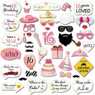 sweet 16 birthday photo booth props party kit - 44 counts, konsait funny sweet sixteen photo props with sticks in pink, great for 16th happy birthday party favors and supplies for girls logo