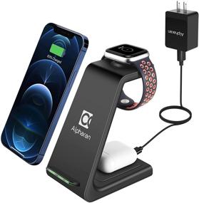 img 4 attached to Alpharan Black Wireless Charger: 3-in-1 Qi Fast Charging Station for Apple Watch Series, AirPods, iPhone 12 Pro and More