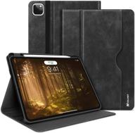 ipad pro 12.9 2021 case - 5th/4th/3rd gen pu leather cover with pencil holder, pocket strap, folio stand, soft tpu back, shockproof - supports 2nd gen pencil & wireless charging logo