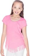 👚 stylish and trendy: kavio! girls 7-16 sheer jersey raw edge v fringe short sleeve shirt logo