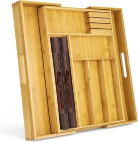 img 4 attached to 🔪 Expandable Bamboo Kitchen Drawer Organizer with Placemats and Knife Block – Ideal for Silverware, Flatware, Knives, and Utensils in Kitchen Drawers